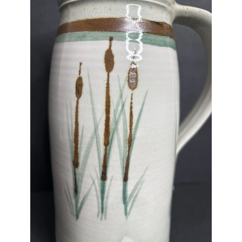R Turnage Pottery Pitcher Cattail Reed Handmade Hand Painted Virginia *READ